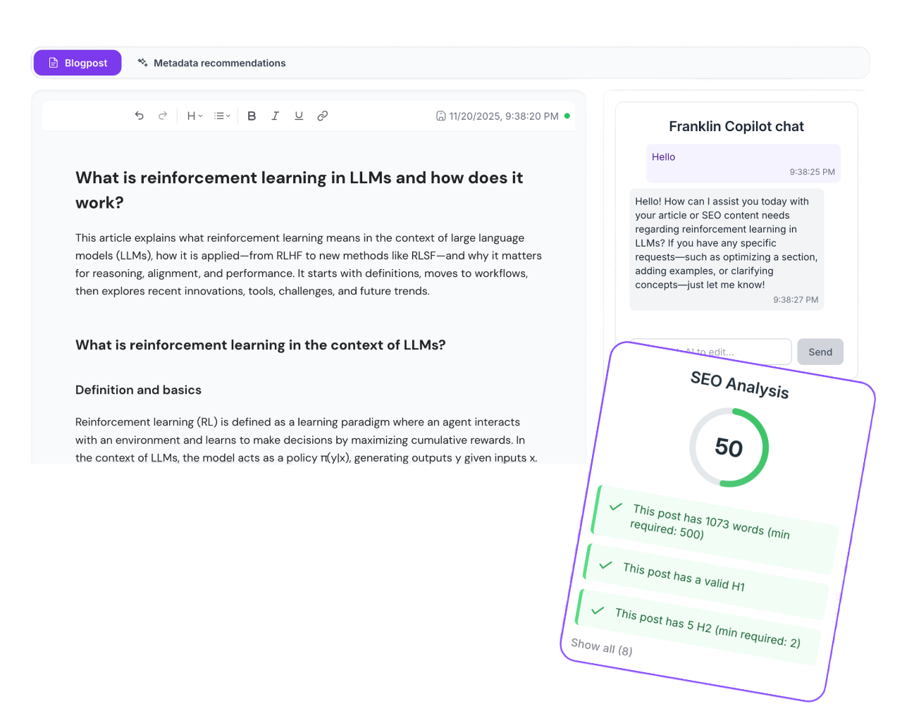 Asking Franklin generates your SEO and GEO optimized article